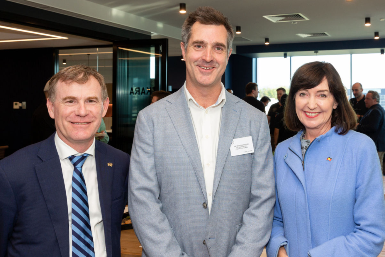 Trade and Investment Minister Nick Champion, Fivecast CEO Brenton Cooper and Defence and Space Industries Minister Susan Close. Photo: supplied.