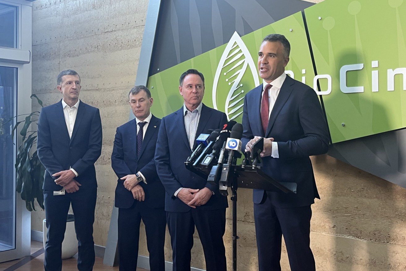 Premier Peter Malinauskas with Trade and Investment Minister Nick Champion, and BioCina CEO Mark Womack this morning. Photo: Stephanie Richards/InDaily