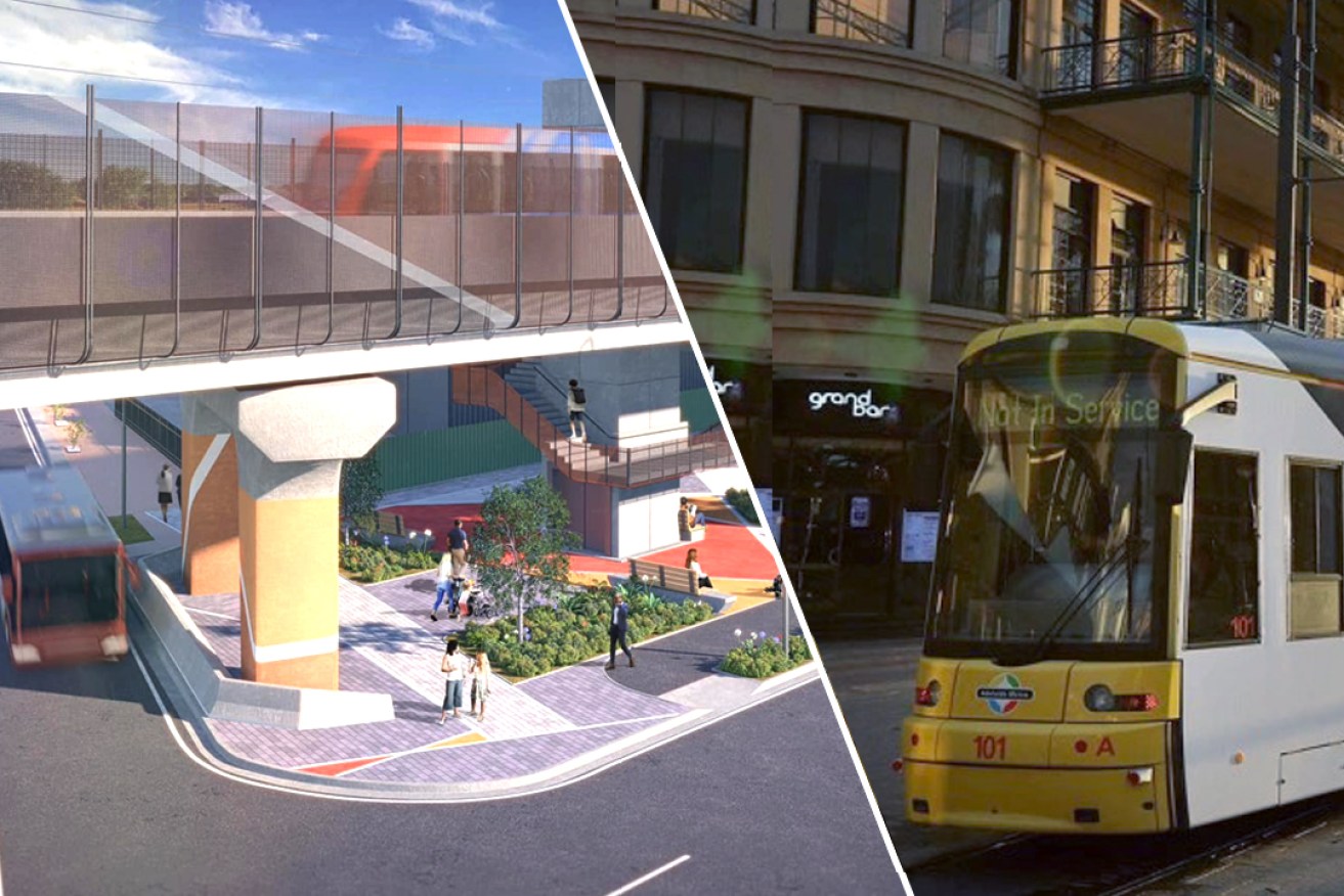 The construction of two tram overpasses is set to bring a halt to regular tram services. Left image: SA Govt/supplied; right photo: Tony Lewis/InDaily
