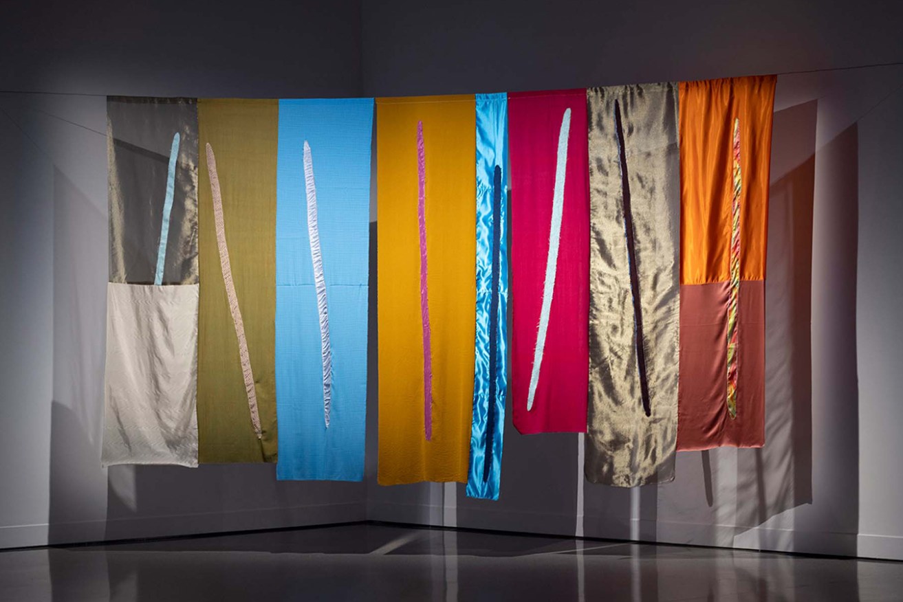 2023 Ramsay Art Prize finalist Katie West's 'Fence lines & Digging sticks', 2022, York, WA, found fabric, thread, wire; courtesy the artist. Photo: Bo Wong
