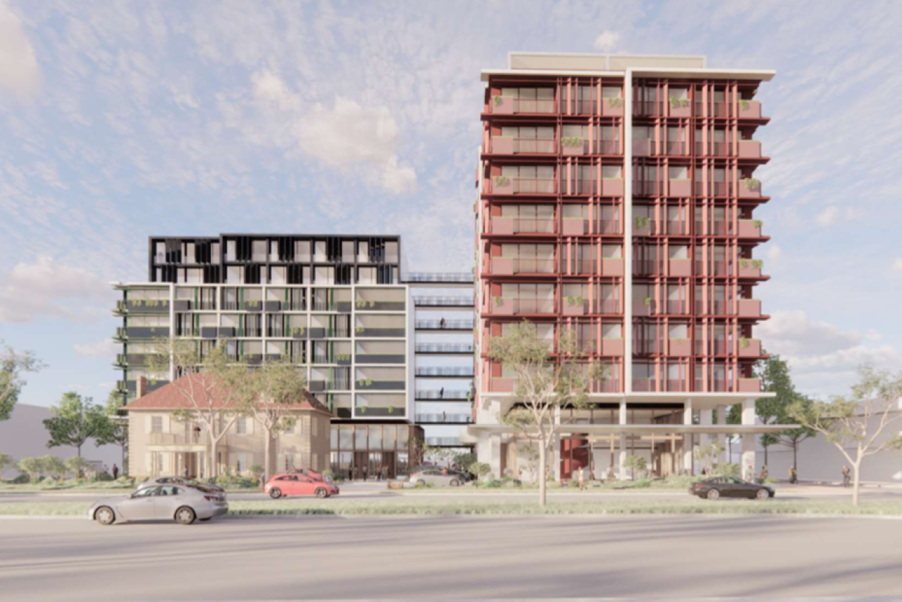 A view of the 9- and 11-storey towers proposed to be built at the AEU's current headquarters on Greenhill Road in Parkside. Image: nettletontribe architects