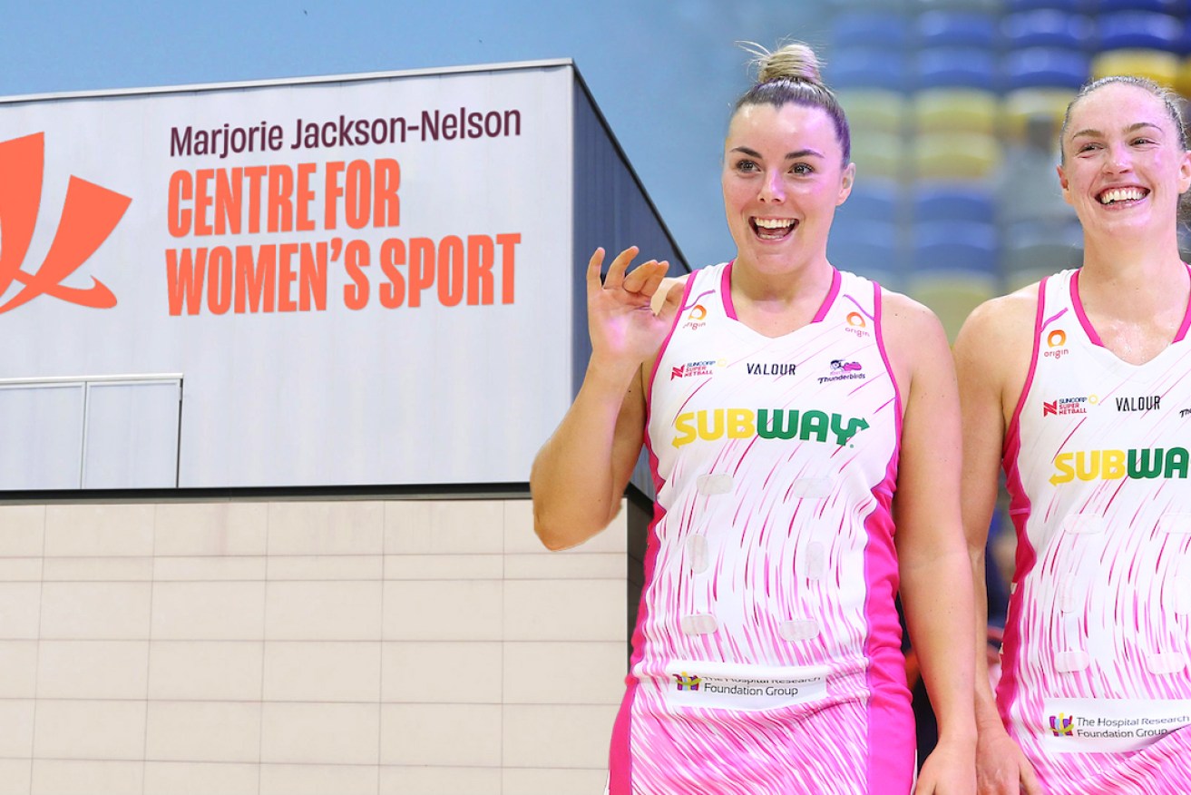 Sport SA is lobbying for funding to build the Marjorie Jackson-Nelson Centre for Women's Sport to raise the profile of SA  female stars like those in the Thunderbirds netball team.  Photo: Sports SA design and AAP Images/Jono Searle