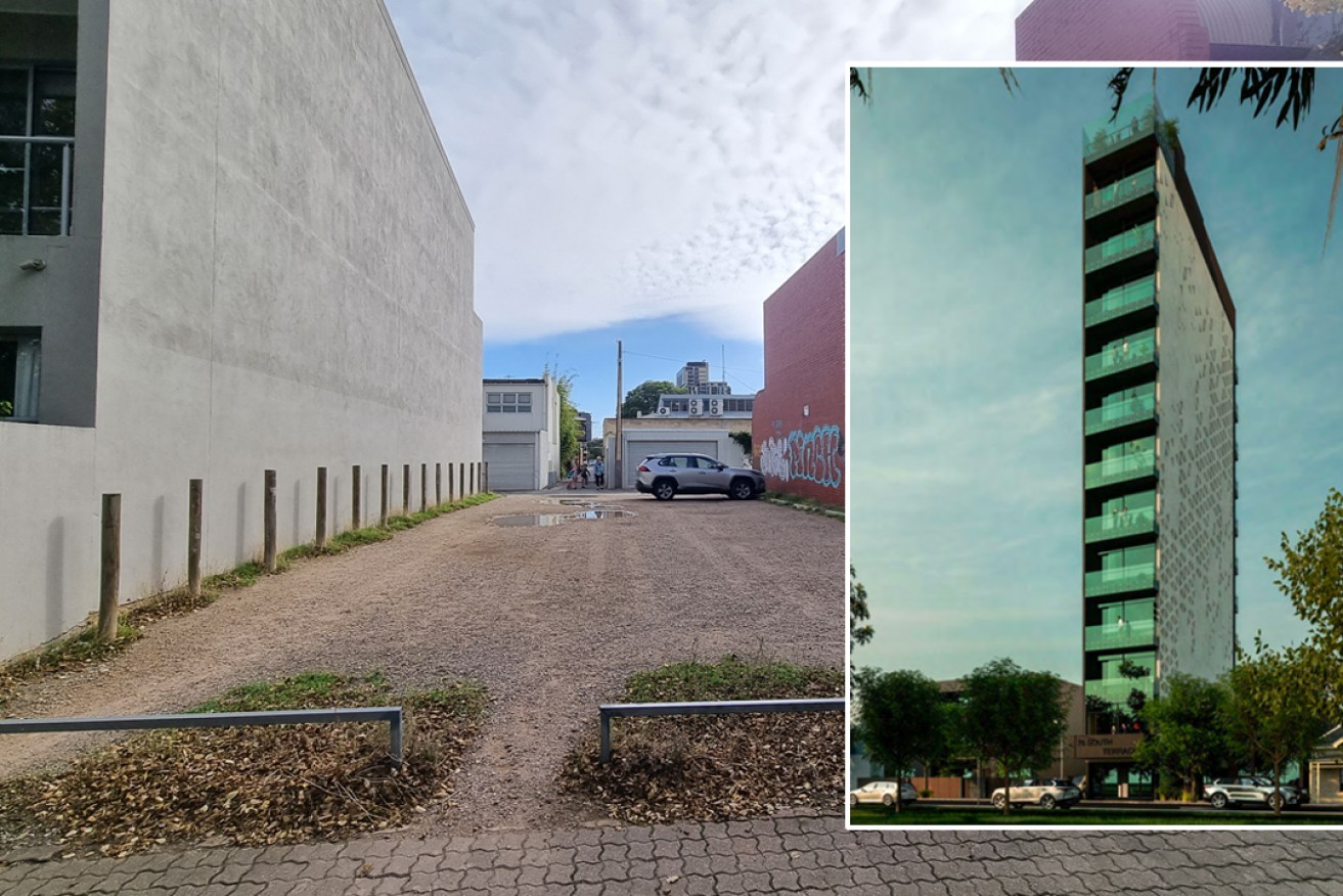 The development site at 76 South Terrace (pictured) along with the proposed 12-storey development (inset). Photo: Thomas Kelsall/InDaily; inset image: Planning Chambers/Looka Design
