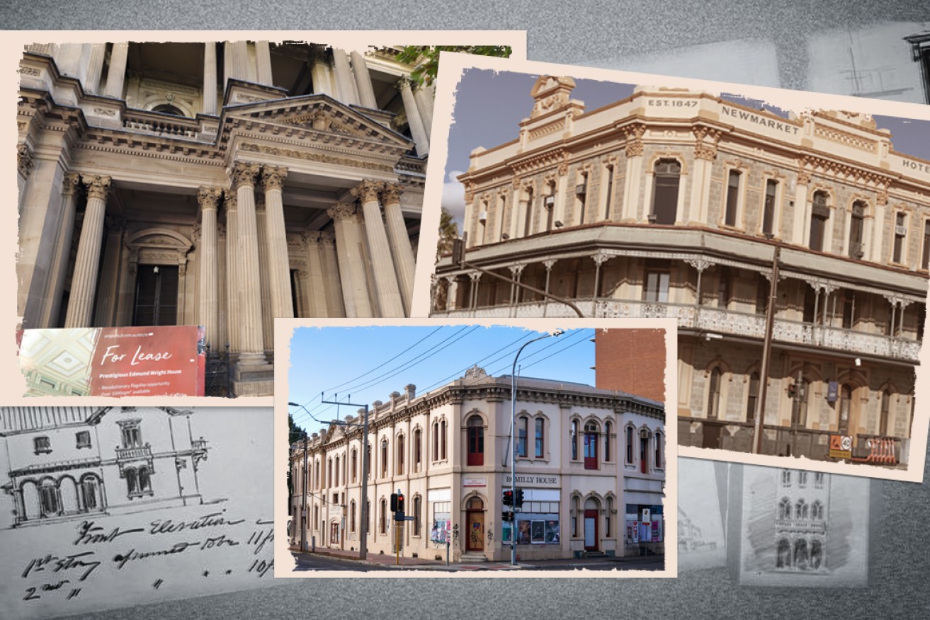 (L-R), Edmund Wright House, Romilly House and Newmarket Hotel standing proud, but vacant, in the CBD. Underutilisation of these three state heritage buildings has prompted calls for tougher heritage protection. Photos: Tony Lewis/InDaily; graphic design: Tom Aldahn/InDaily