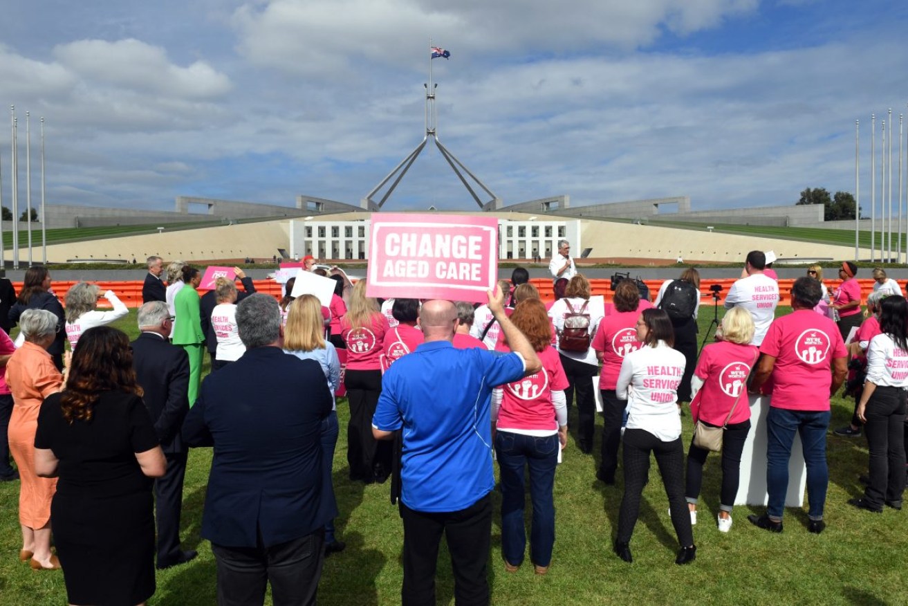 Aged care workers rallied for better work conditions in 2023. Photo: AAP/Mick Tsikas