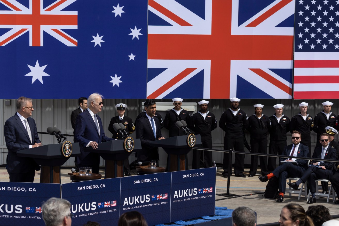 Prime Minister Anthony Albanese, US President Joe Biden and UK Prime Minister Rishi Sunak announce the AUKUS subs deal. Photo: EPA/Etienne Laurent