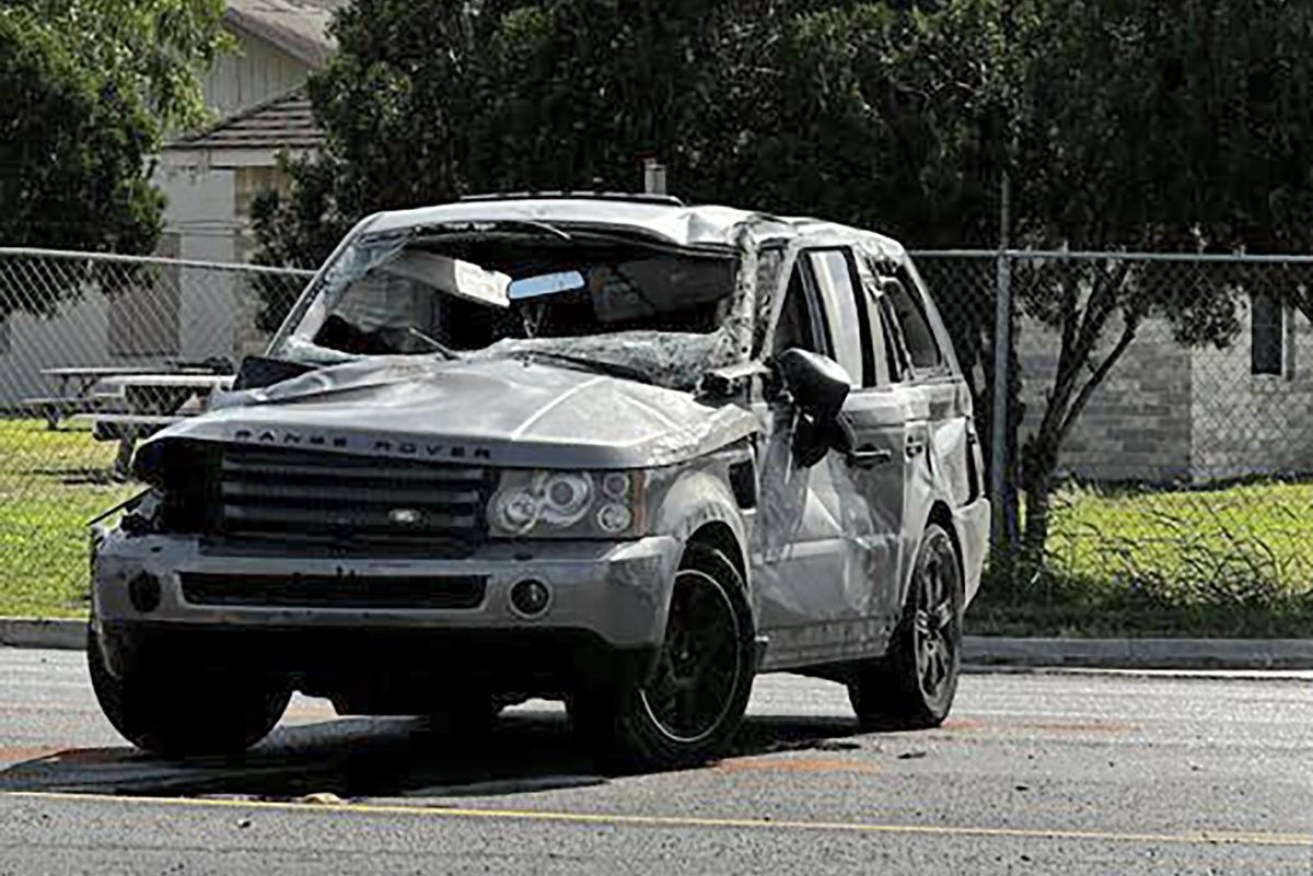 The car which hit the bus stop and killed seven people. Photo: Brian Svendsen/NewsNation/KVEO-TV via AP