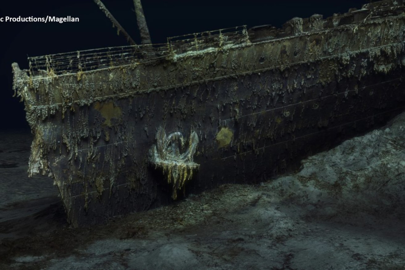 The bow of the Titanic using deep-sea mapping for a full-size digital scan. Image: Atlantic/Magellan via AP