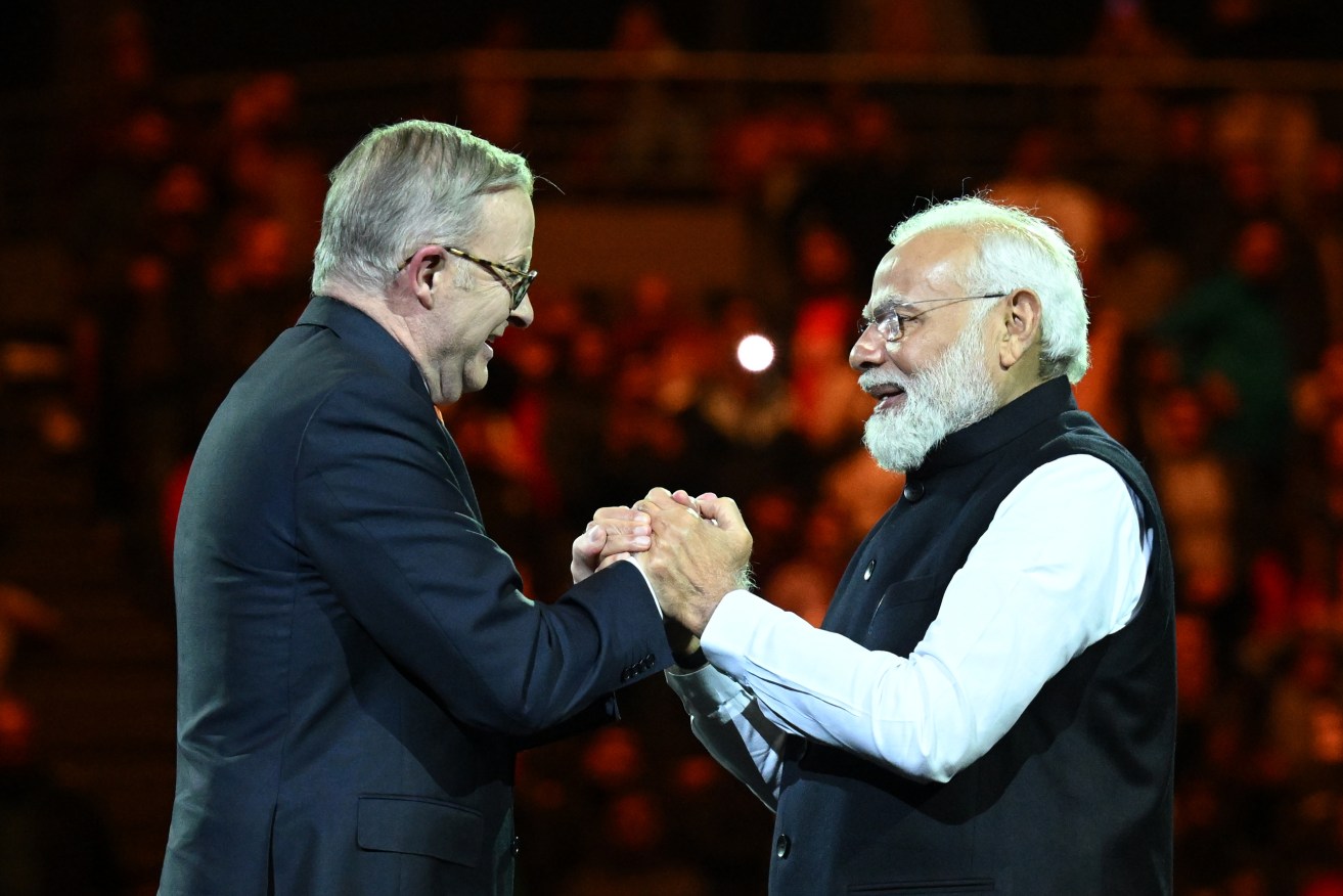 Prime Minister Anthony Albanese with India’s Prime Minister Narendra Modi at a stadium event in Sydney on Tuesday. Photo: AAP/Dean Lewins