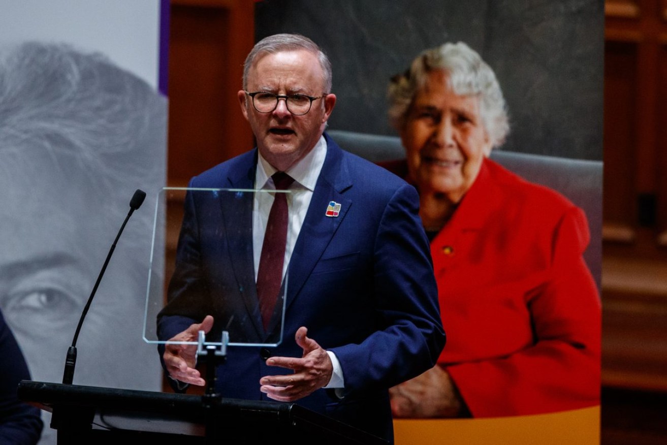 Prime Minister Anthony Albanese delivers the Lowitja O’Donoghue Oration in Adelaide. Photo: AAP/Matt Turner