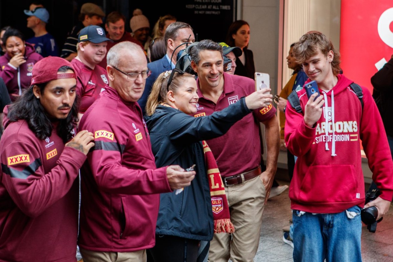 Queensland coach Billy Slater with fans in Rundle Mall ahead of the State of Origin opener at Adelaide Oval. Photo: AAP/Matt Turner