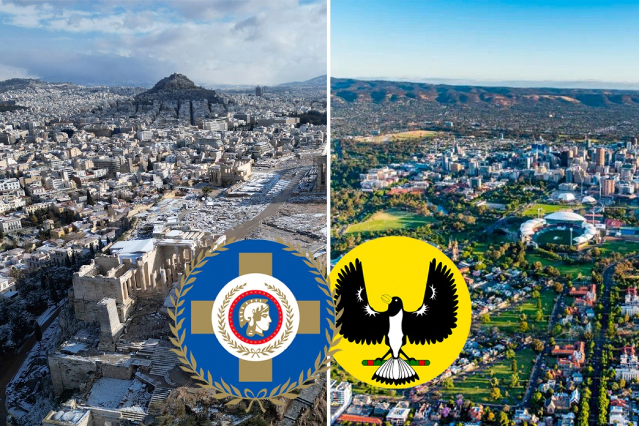Potential future sister cities Athens and Adelaide. Left photo: Thanassis Stavrakis/AP; Right photo: Airborne Media. Image: Tom Aldahn/InDaily