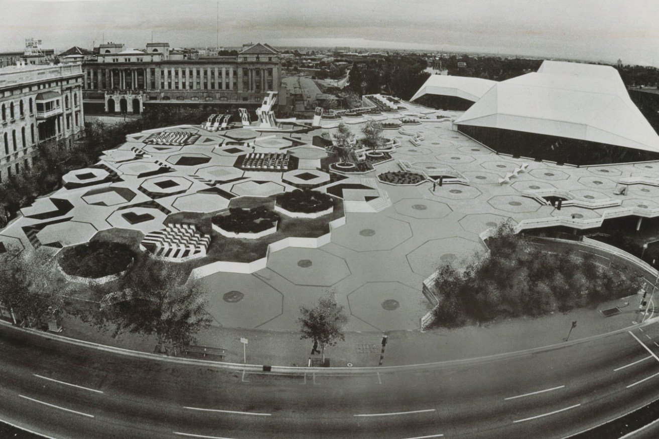 The Adelaide Festival Centre around the time of its completion, with Hajek Plaza in the foreground. Photo: supplied 