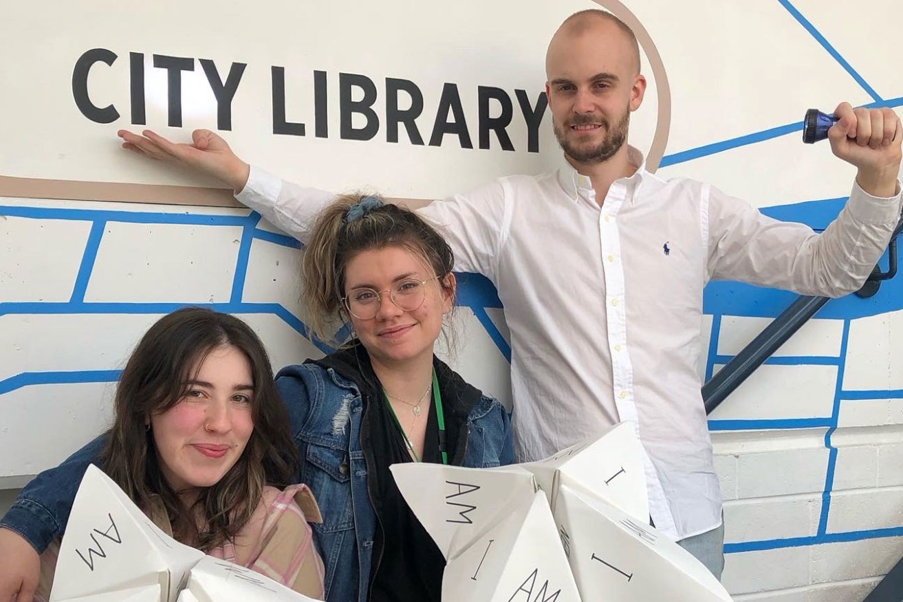 'I AM' designer Jada Guerrini, writer and performer Tahlia Hope and performer and mentor Lucas Forgan at the City Library. Photo supplied