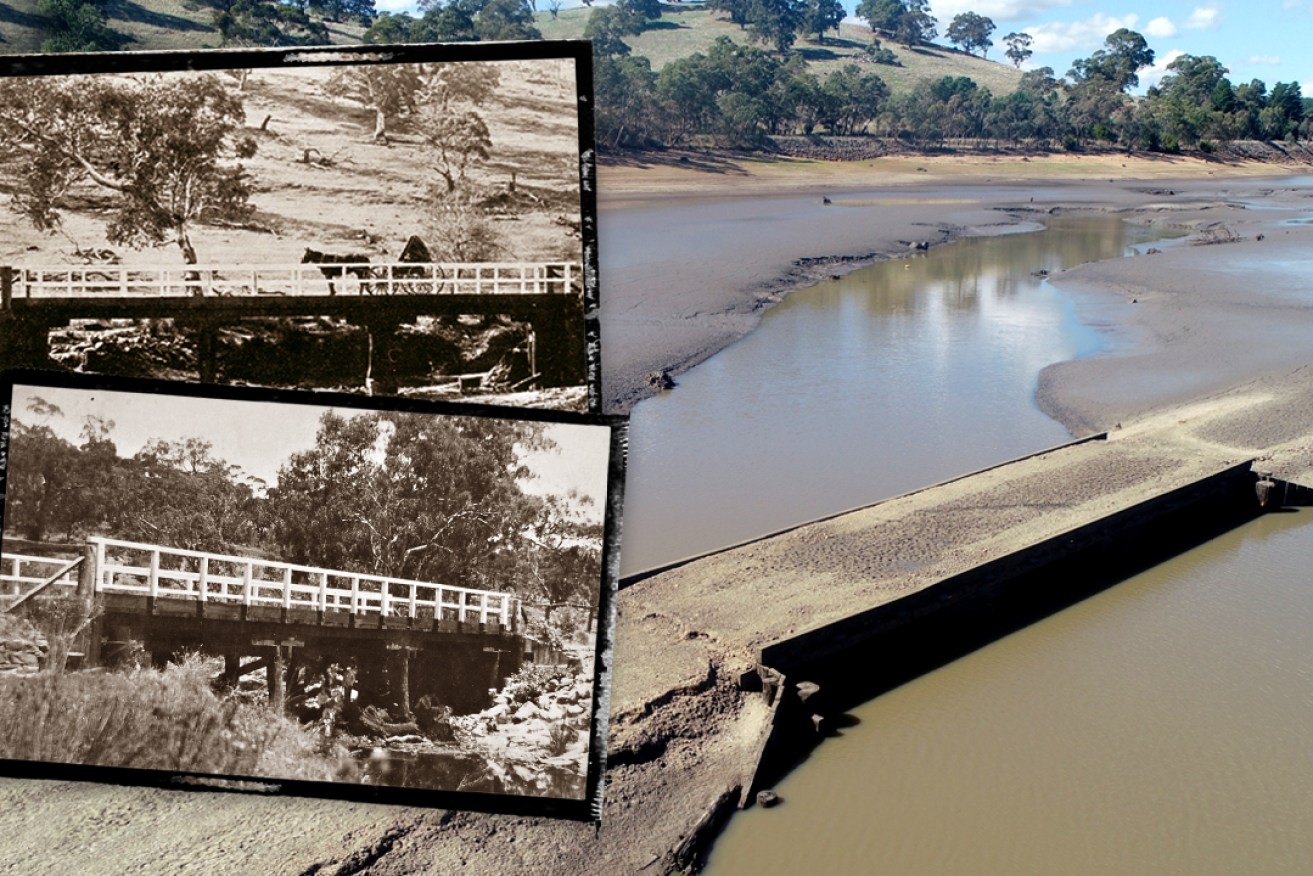 The 1890-built Second South Para Bridge has re-emerged after 100 years. Photos: SA Water/Image: Tom Aldahn/InDaily