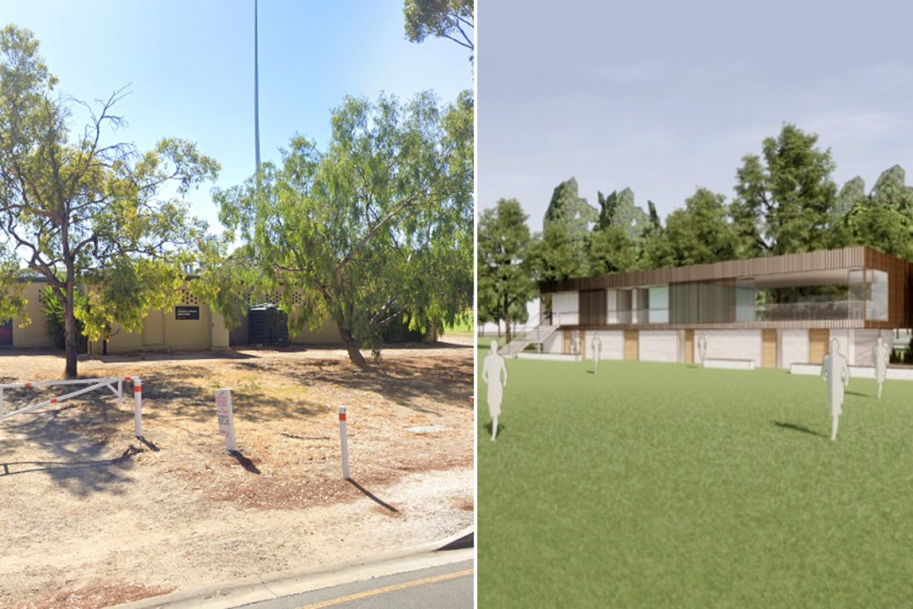 Concept designs for a proposed two-storey clubrooms in Park 21W (right) to replace the current facilities (left). Images: Google Maps and City of Adelaide