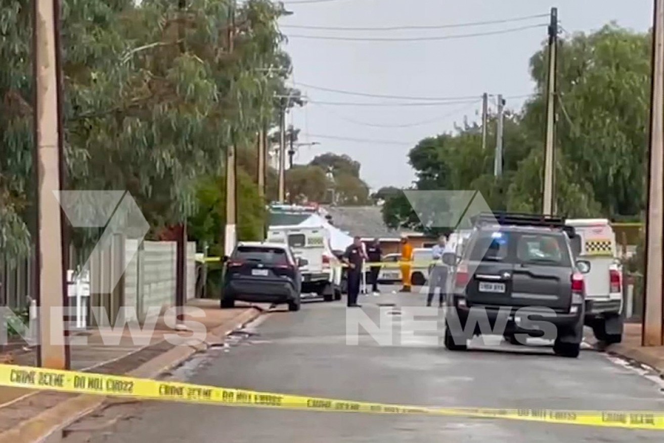 The Crystal Brook crime scene after two SA police officers were stabbed and their attacker shot dead. Image: Seven News/Twitter