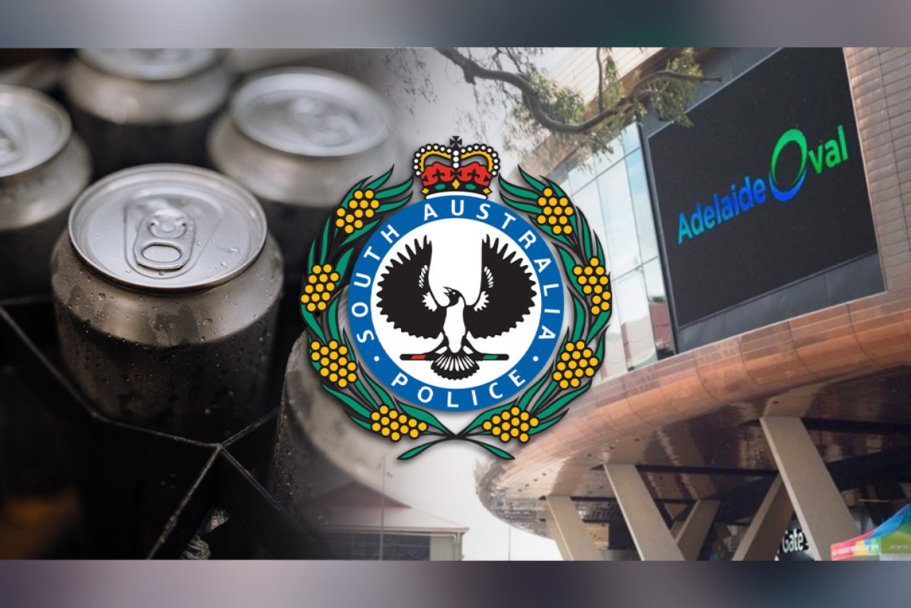 SA Police in July 2022 agreed to an application to sell beer cans at Adelaide Oval. Right photo: Nat Rogers/InDaily; left photo: Pexels. Image: Jayde Vandborg
