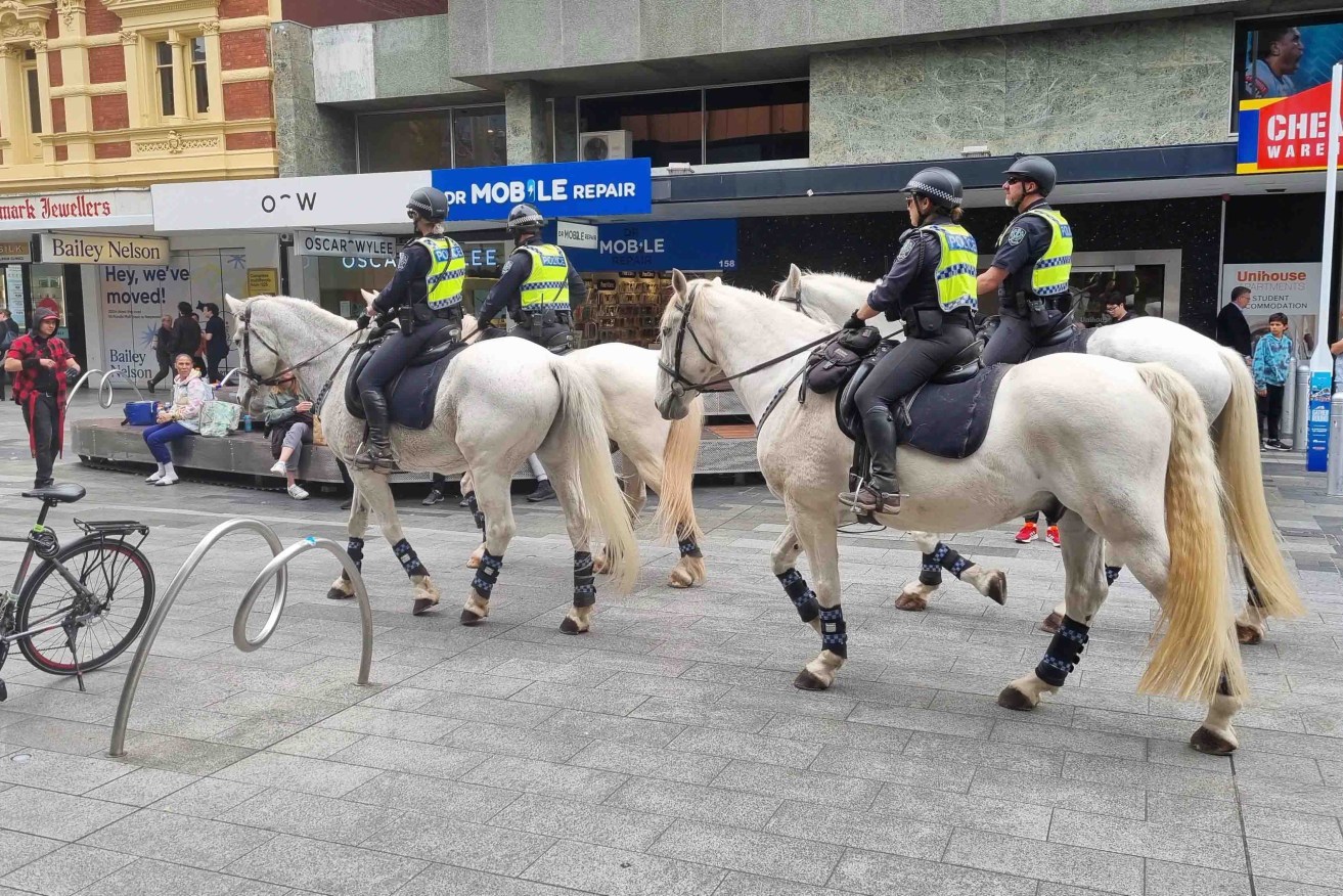 SA Police 'greys' on patrol in Rundle Mall. Photo: Thomas Kelsall/InDaily