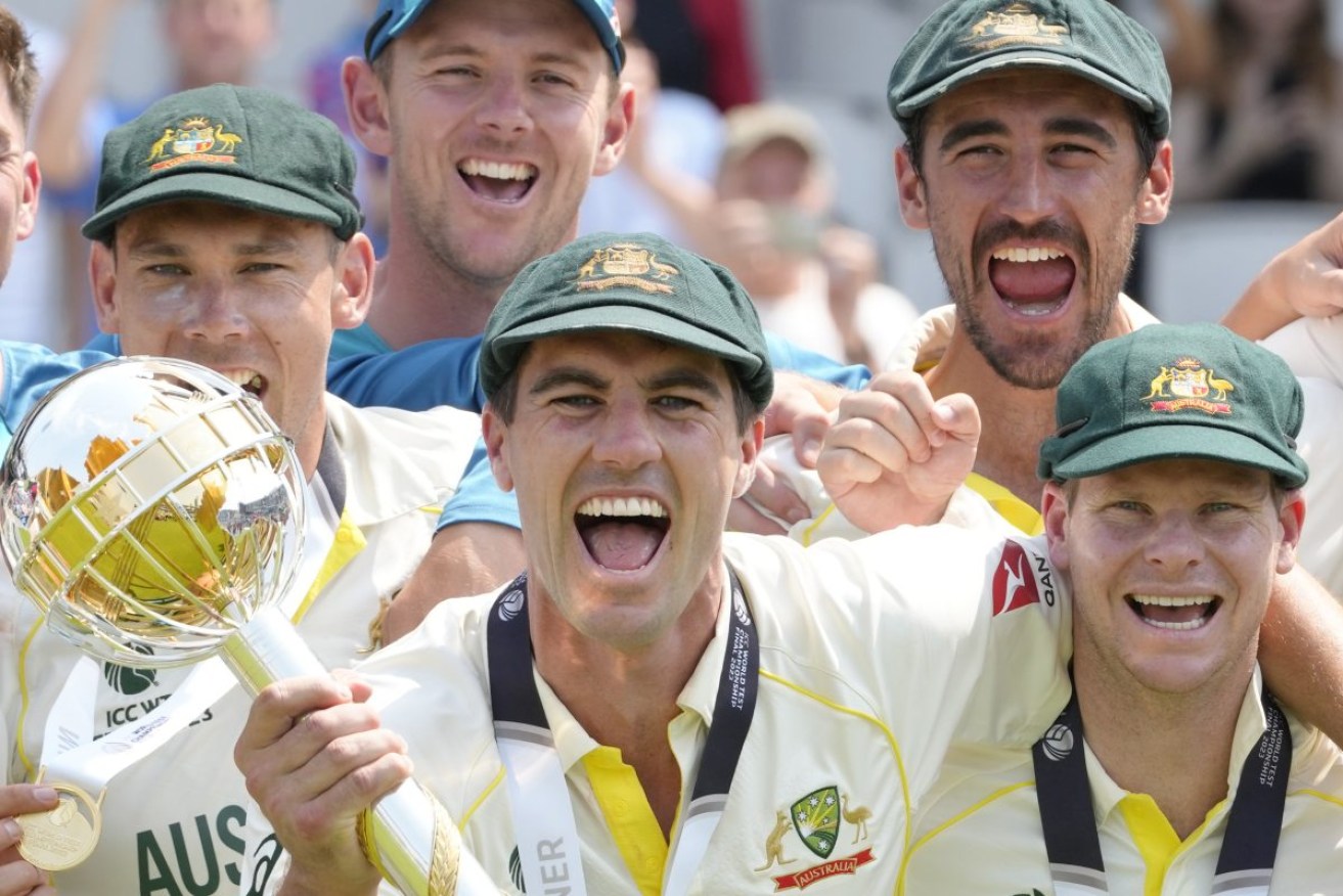 The Australian team celebrate after the ICC World Test Championship Final at The Oval cricket ground in London. Photo: AP/Kirsty Wigglesworth