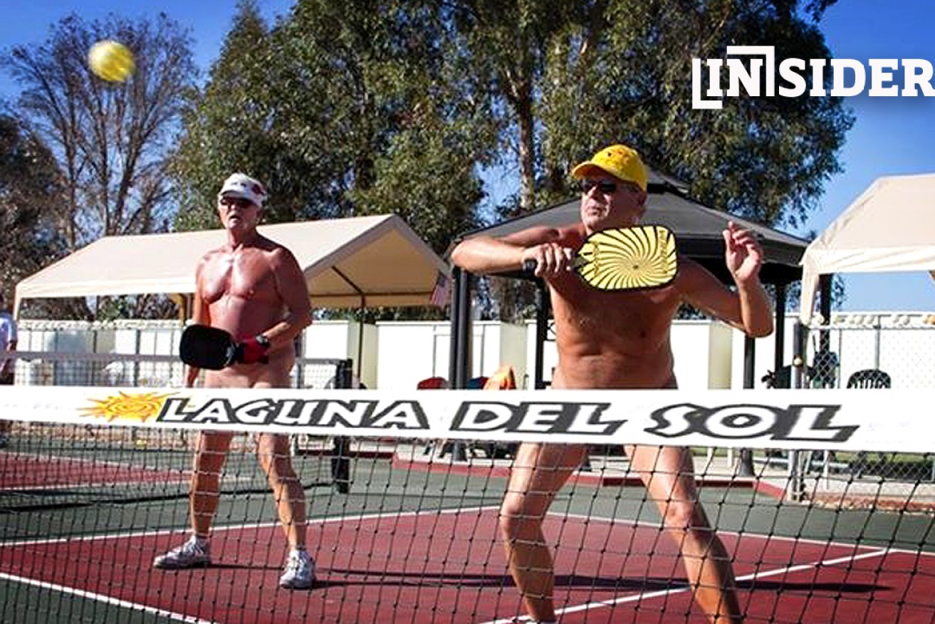 Nude pickleball has taken the world by storm, but players like these two Californian stalwarts will need to find a guernsey to play at the Australian Masters Games in Adelaide in October. Photo: Laguna Resorts