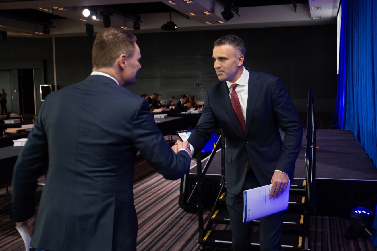 Treasurer Stephen Mullighan and Premier Peter Malinauskas about to deliver the 2023-24 State Budget. Photo: Brett Hartwig/InDaily