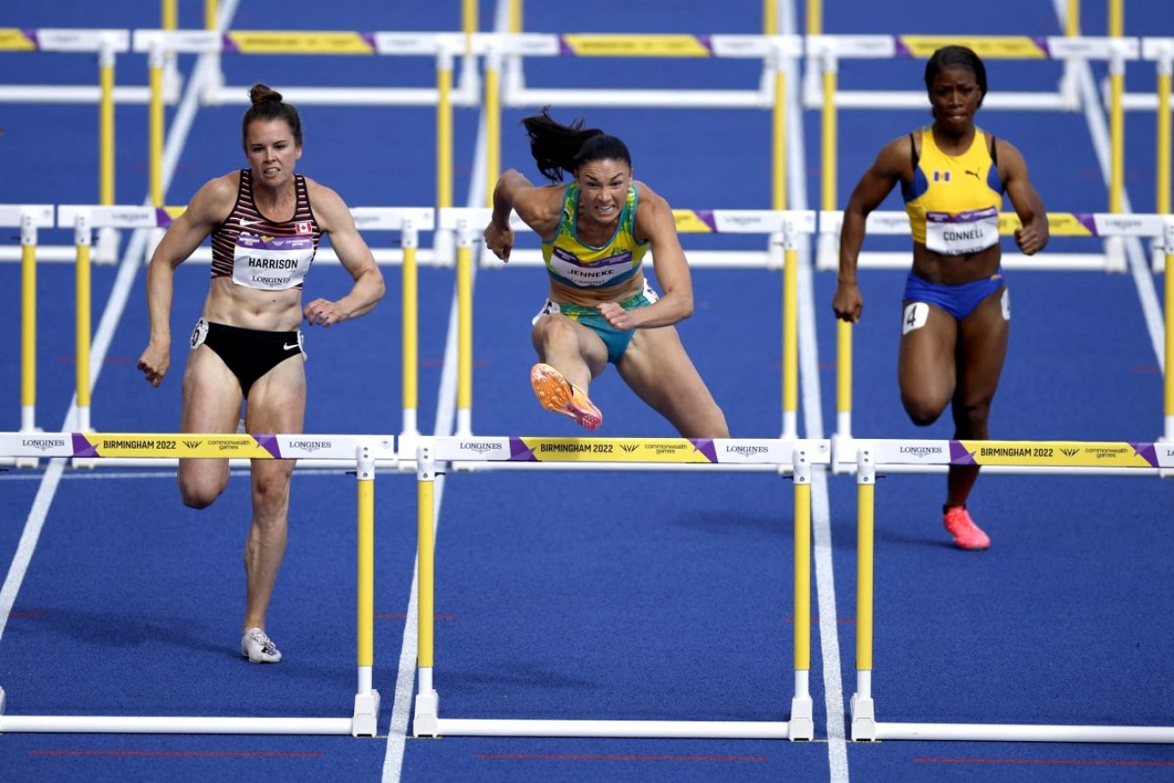 Canada's Michelle Harrison, Australia's Michelle Jenneke and Barbados' Hannah Connell compete in the Women's 100m Hurdles at the 2022 Birmingham Commonwealth Games. Photo: REUTERS/John Sibley