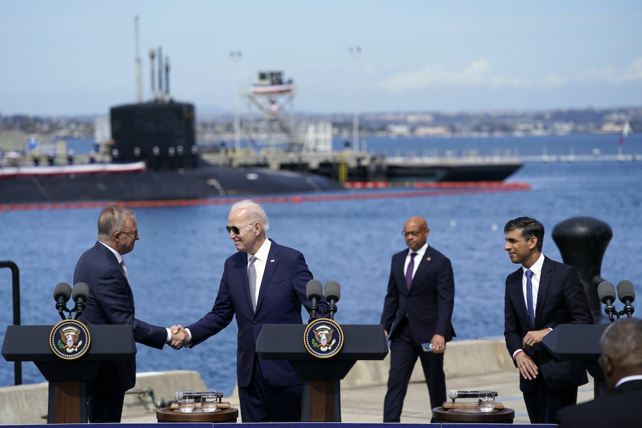 Prime Minister Anthony Albanese announces the AUKUS submarines deal with US President Joe Biden and UK PM Rishi Sunak in March 2023. Photo: AP/Evan Vucci