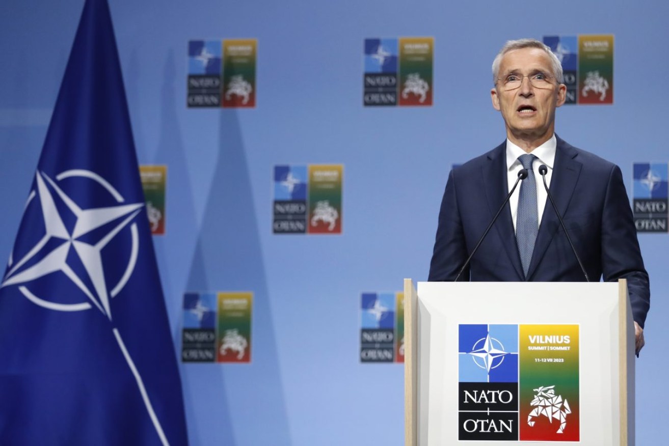 NATO Secretary General Jens Stoltenberg before the North Atlantic Treaty Organisation summit in Vilnius, Lithuania. The prime ministers of Australia, New Zealand, Japan and South Korea are attending. Photo: AP/Mindaugas Kulbis