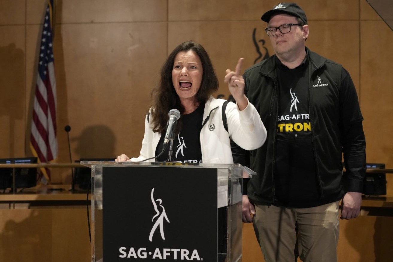 SAG-AFTRA president Fran Drescher announcing a strike by The Screen Actors Guild-American Federation of Television and Radio Artists. Photo: AP/Chris Pizzello