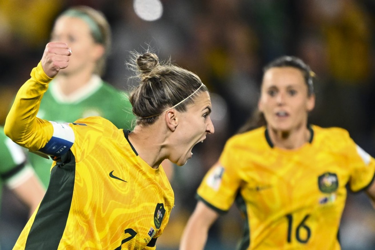 Steph Catley celebrates a penalty goal during the FIFA Women's World Cup 2023 soccer match between Australia and the Republic of Ireland at Stadium Australia in Sydney. Photo: AAP/Dan Himbrechts