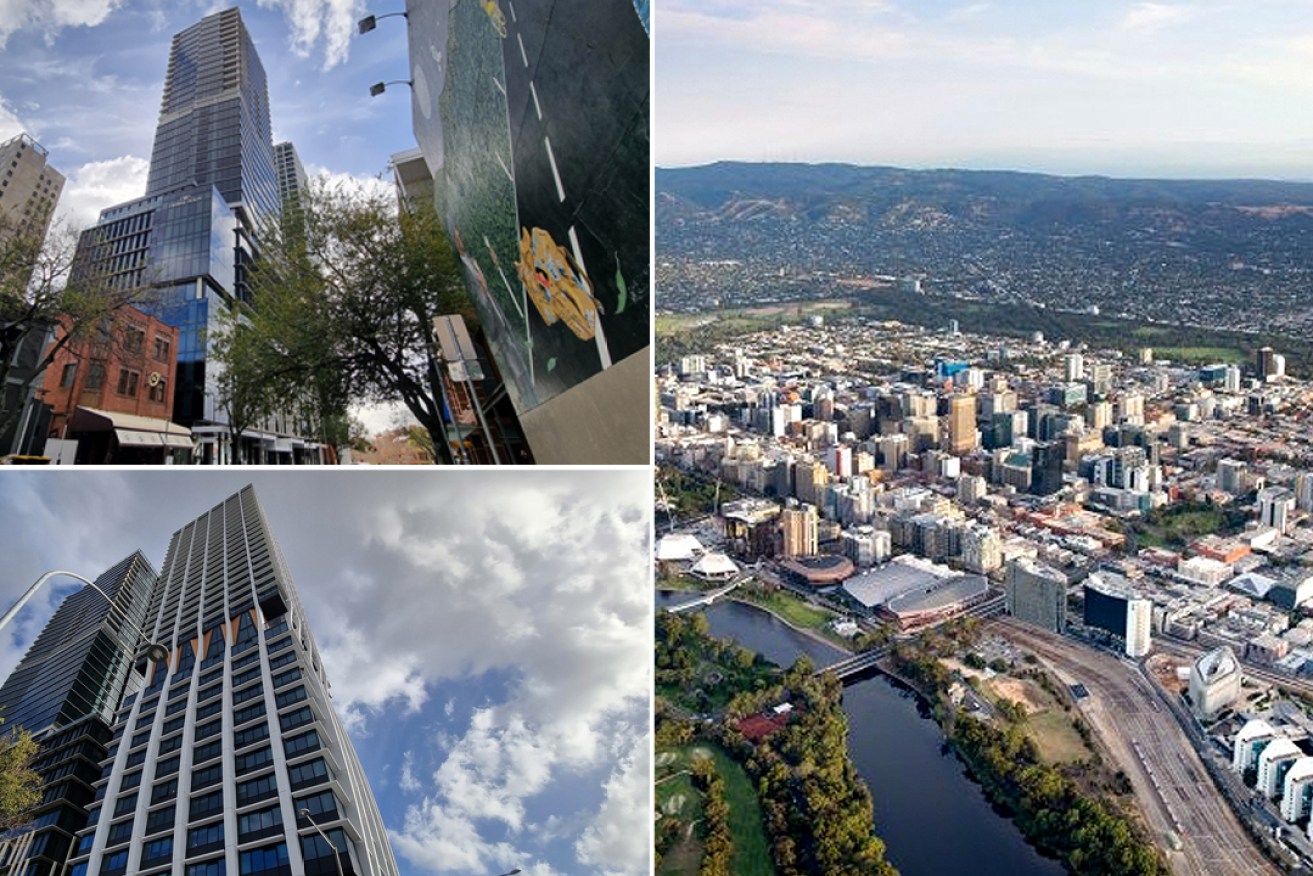 Adelaide City Council forecasts that three dozen 36-storey apartment towers will be needed to house a predicted CBD population by 2041. Left photos: Thomas Kellsall/InDaily; right photo: supplied