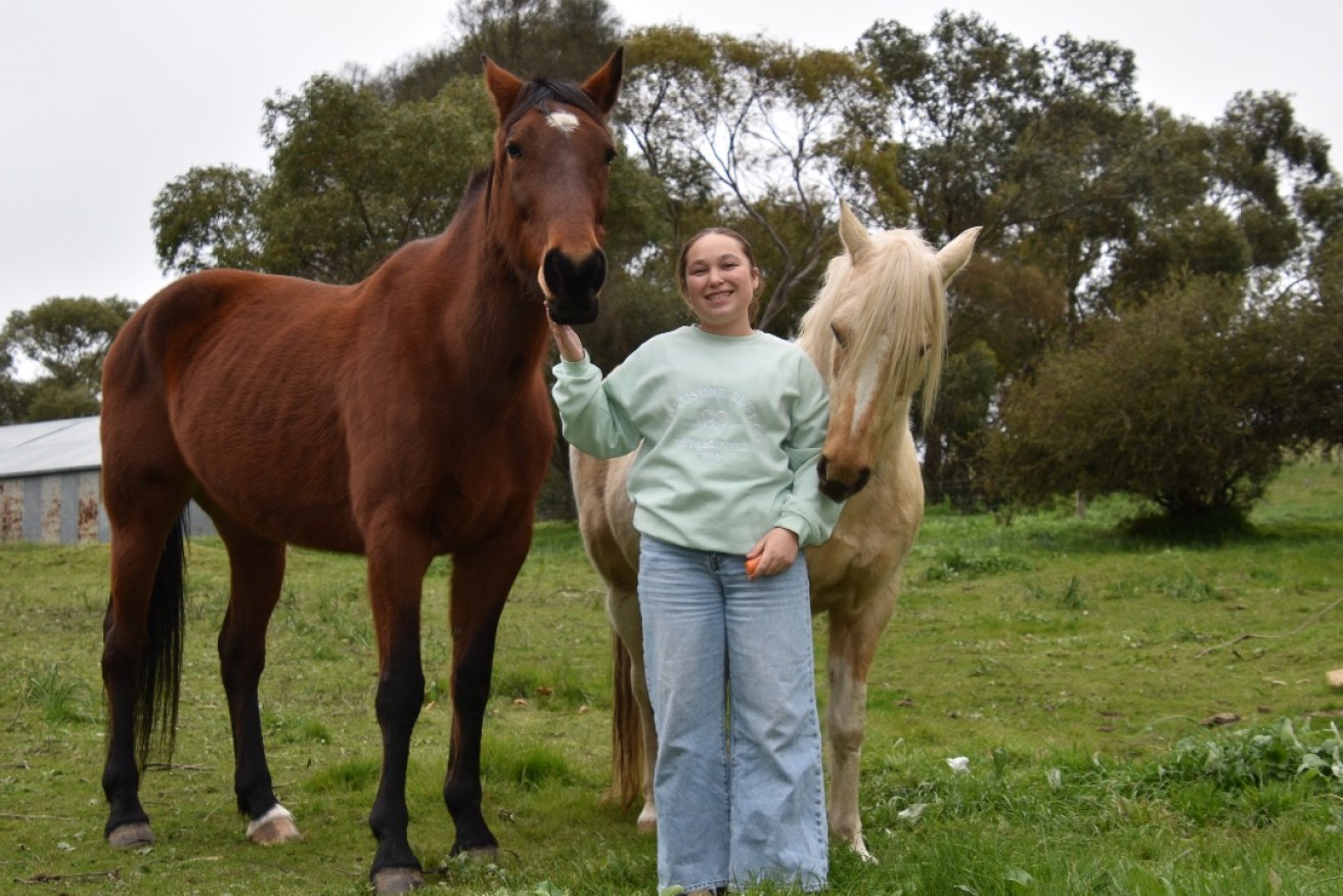It has been a long road battling Perthes disease for Clare Valley teenager Jaz Paulett, who cannot wait to get back out trail riding on her horse, Angel, alongside mum Ali's horse, Maggie (left). Photo by Gabrielle Hall.  