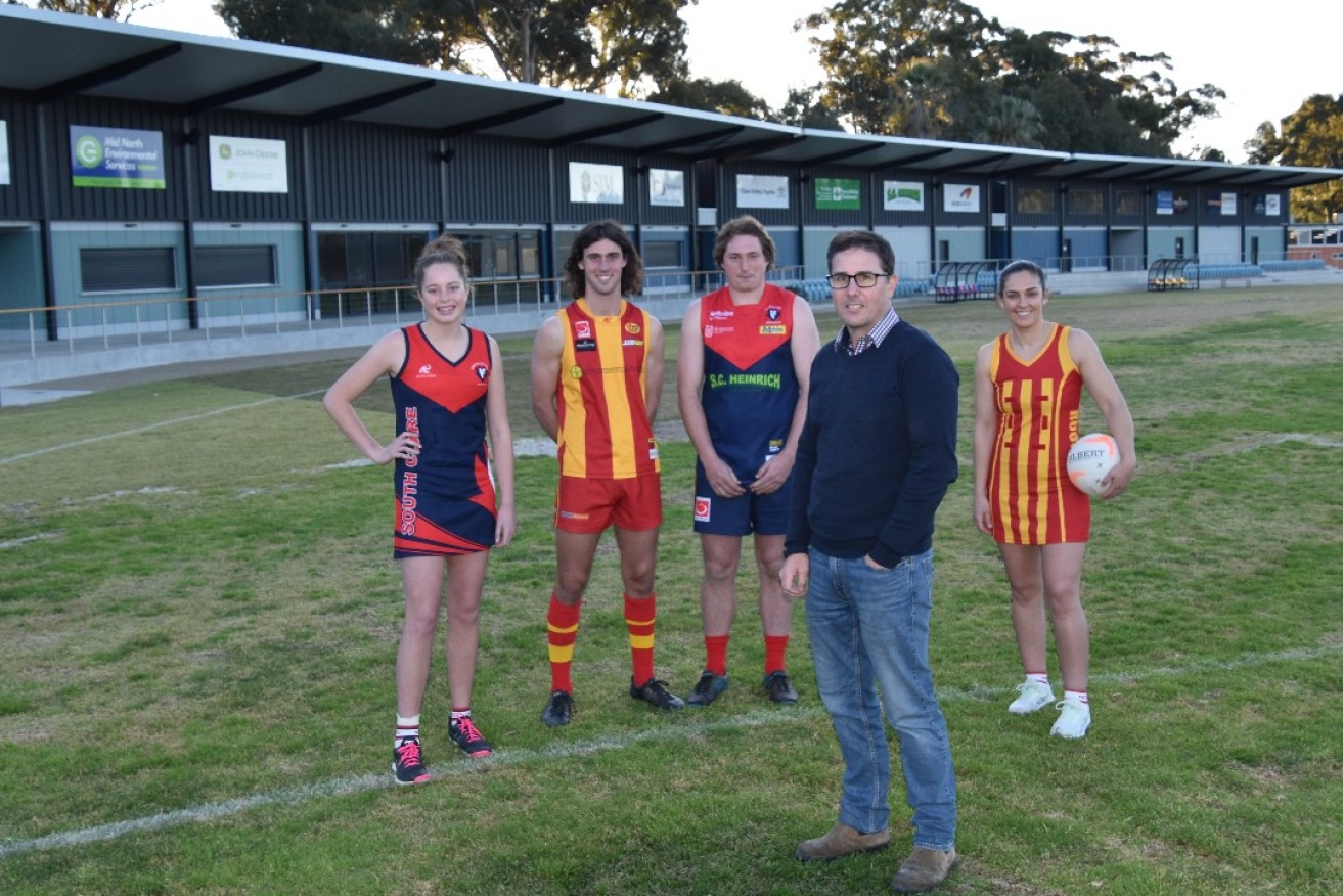 Clare Oval Redevelopment Committee (CORC) volunteer project manager Ryan Tregilgas, with South Clare netballer Emma Slattery, North Clare footballer Charlie Helbig, South Clare footballer Chad Gilbert and North Clare netballer Chelsea Panoho. Photo Gabrielle Hall.