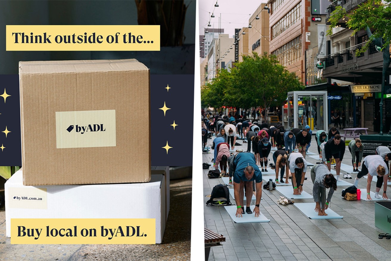 byADL (left) is an ecommerce platform for city businesses. Wellfest Adelaide (right) is a series of "wellness" events held across the city, including yoga in Rundle Mall. Left photo: byADL/Facebook; right photo: WellFest Adelaide/Facebook