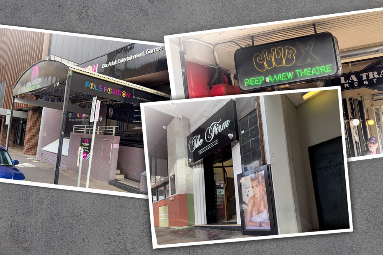 Three adult entertainment venues on Pirie Street, North Terrace and King William Street, away from the Hindley Street area. Photos: Tony Lewis/InDaily
