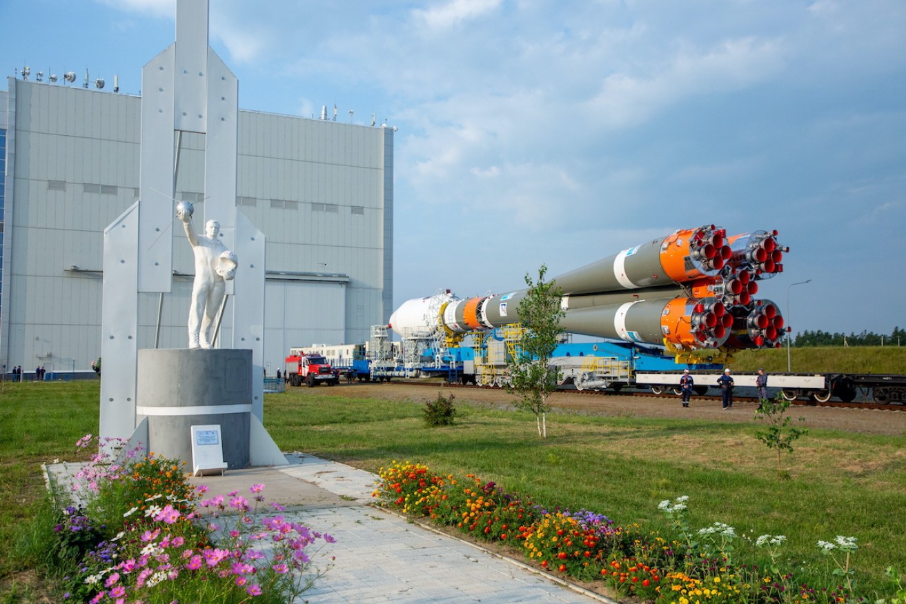 The Soyuz-2.1b rocket with the moon lander Luna-25 being transported to a launch pad at the Vostochny Cosmodrome outside the city of Tsiolkovsky. Photo: EPA/ROSCOSMOS STATE SPACE CORPORATION