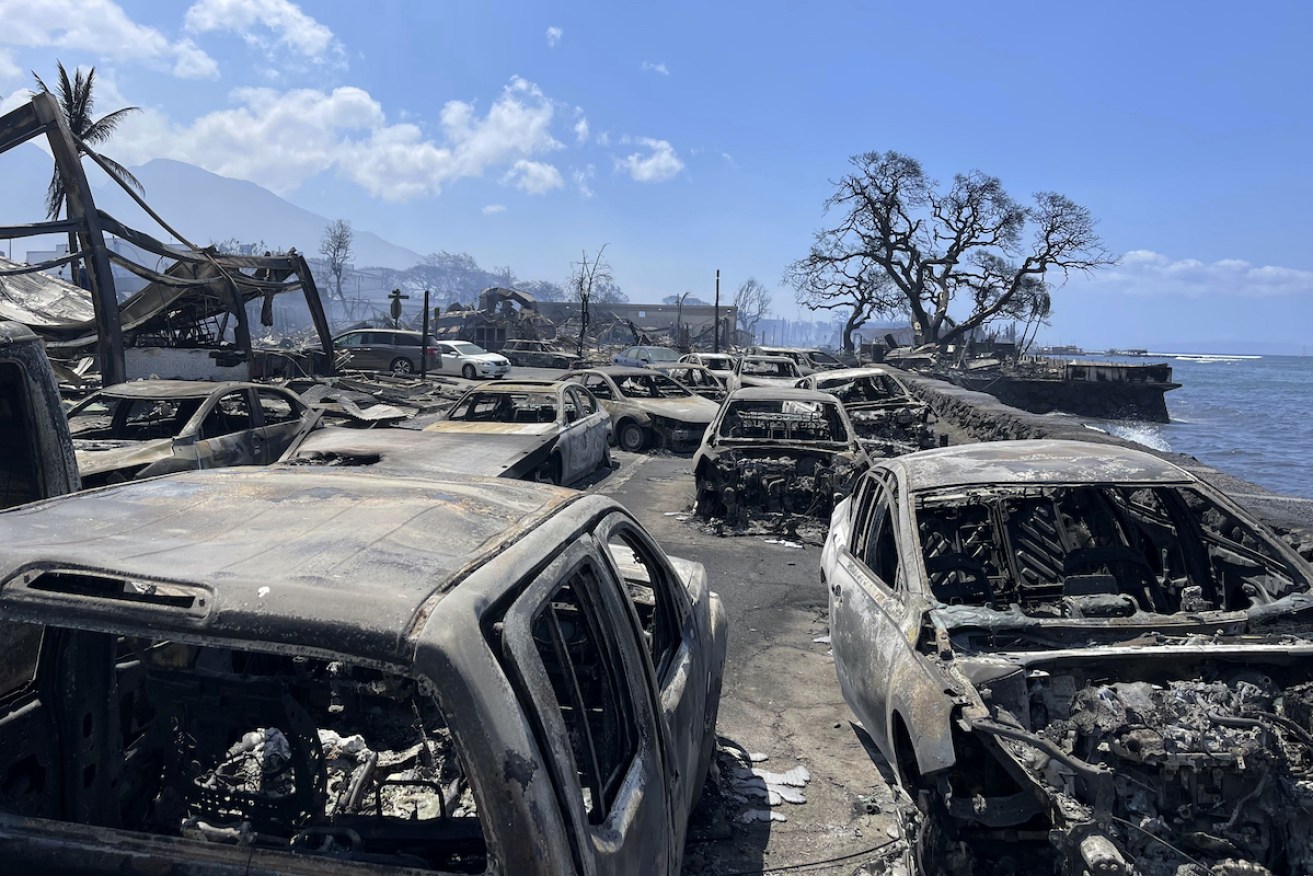 The Maui tourist hub of Lahaina after fire tore through. Photo: Tiffany Kidder Winn via AP