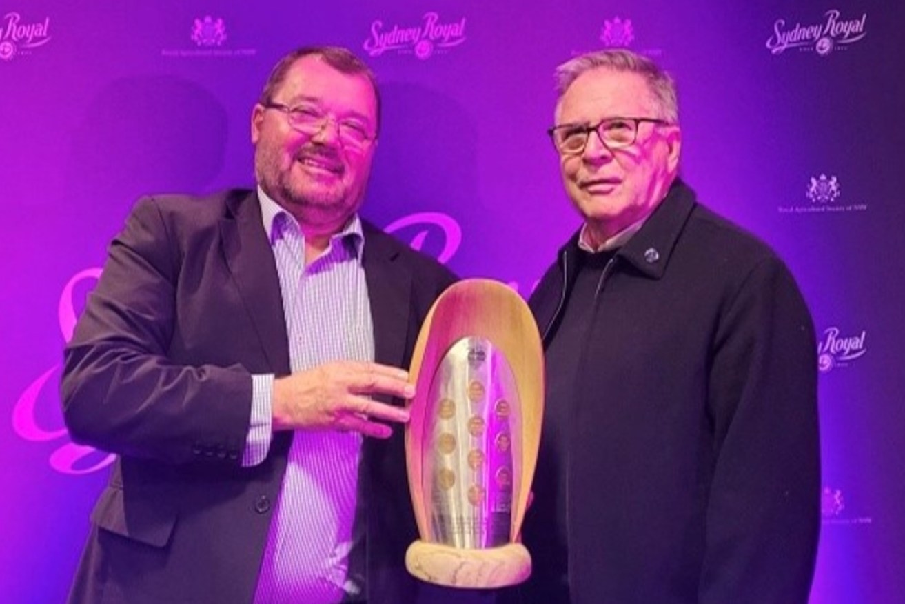 Sevenhill Cellars' Craig Richards and Ian Cribb receiving Best Grenache Trophy at 2023 Sydney Royal Wine Show. Photo: Supplied.