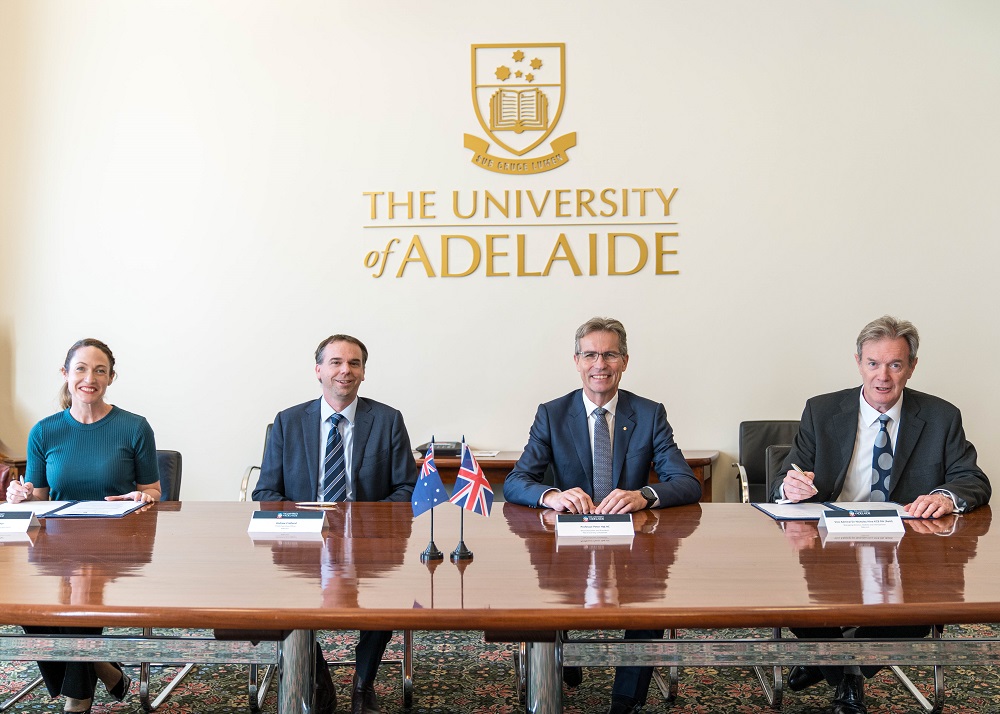 L-R: Deputy Vice-Chancellor (External Engagement) Dr Jessica Gallagher; Babcock CEO Andrew Cridland; University of Adelaide Vice-Chancellor and President, Professor Peter Høj AC and Babcock Managing Director AUKUS & International Sir Nick Hine KCB. Photo: University of Adelaide.