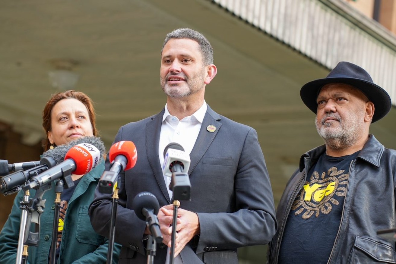 SA at "the epicentre" of The Voice vote. Rachel Perkins (left), Kyam Maher and Noel Pearson at Adelaide Railway Station this morning. Photo: supplied