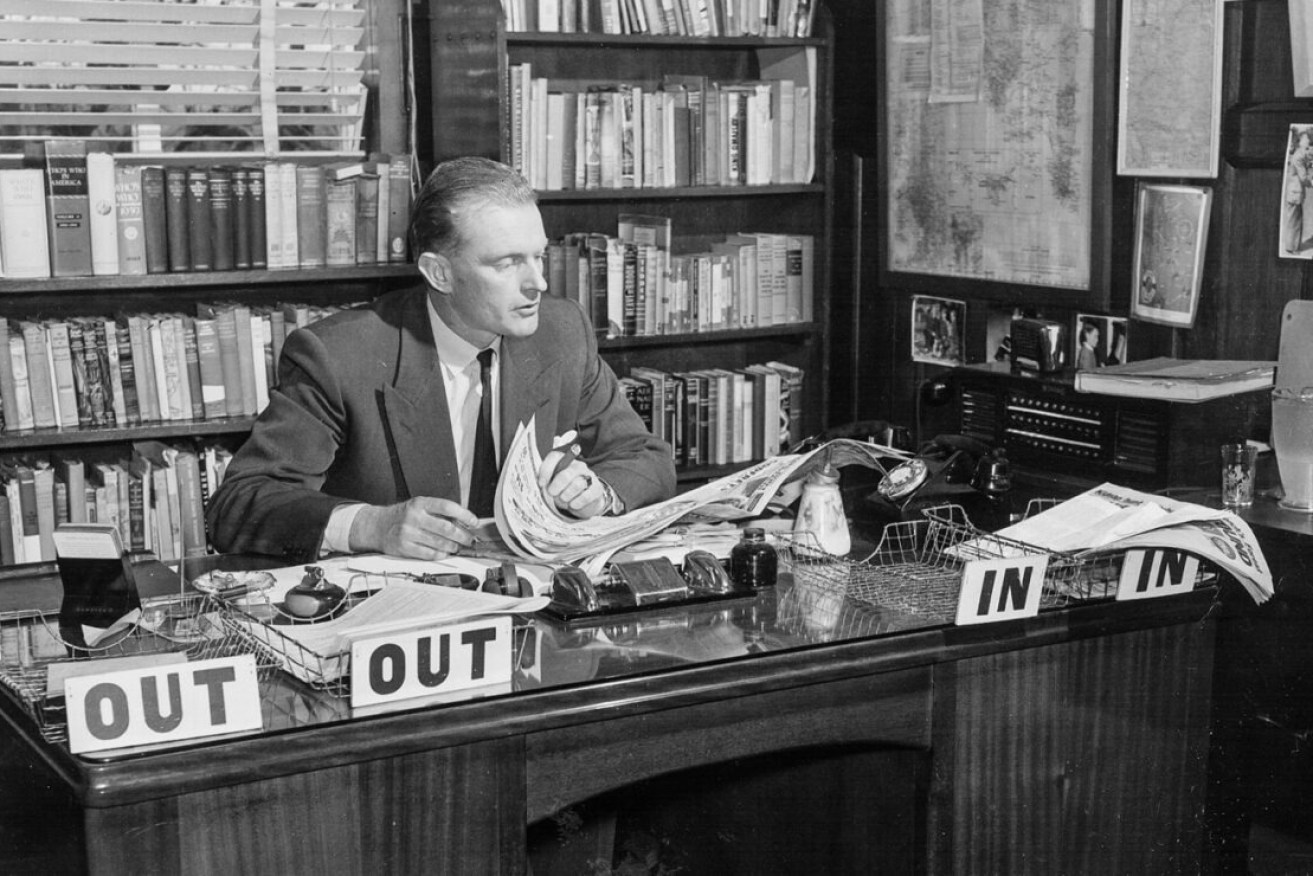 The News editor-in-chief Rohan Rivett in his North Terrace office, circa 1959-1960. Photo courtesy Rivett family