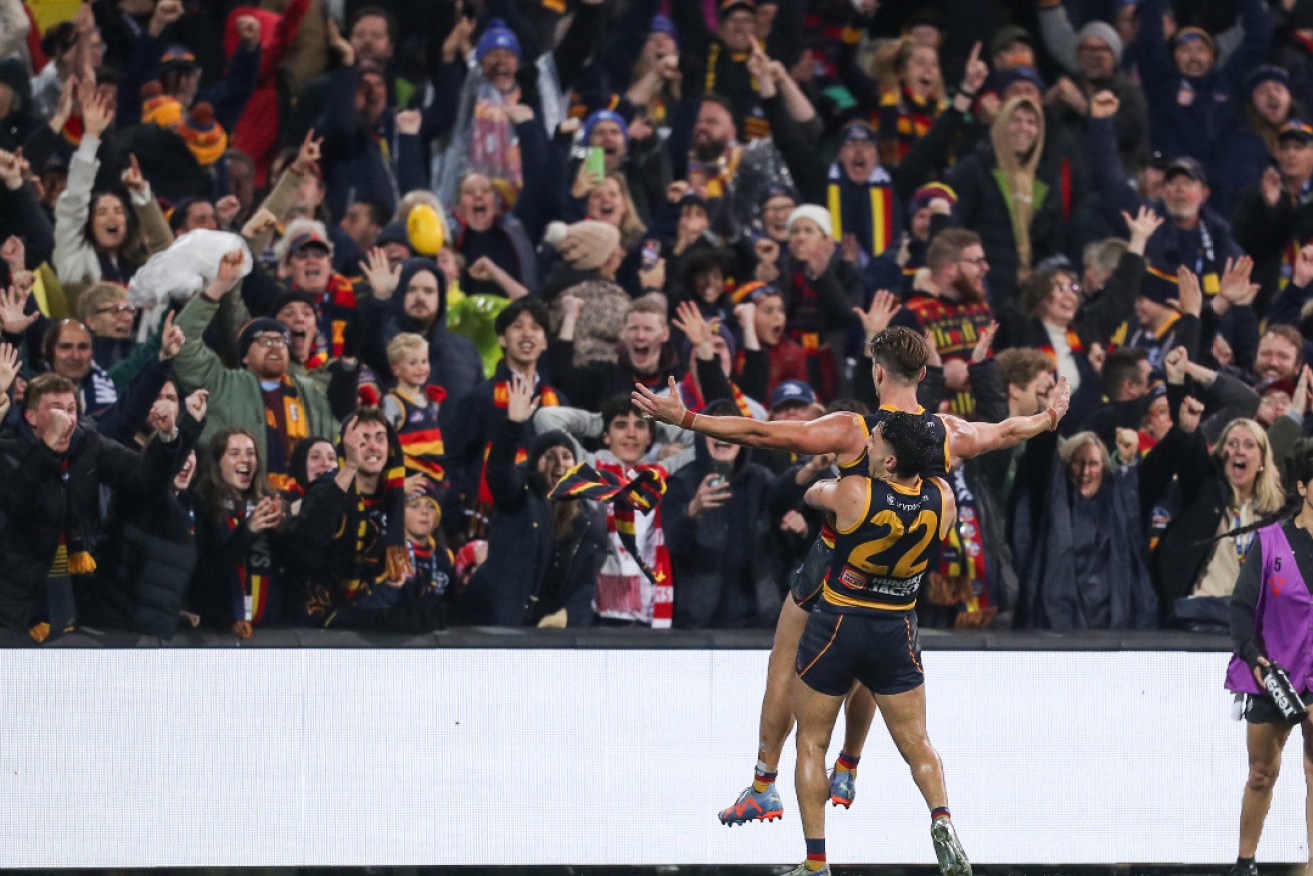 The joy before the pain: Crow Ben Keays celebrates what he believed to be a winning goal. Photo: Matt Turner/AAP 