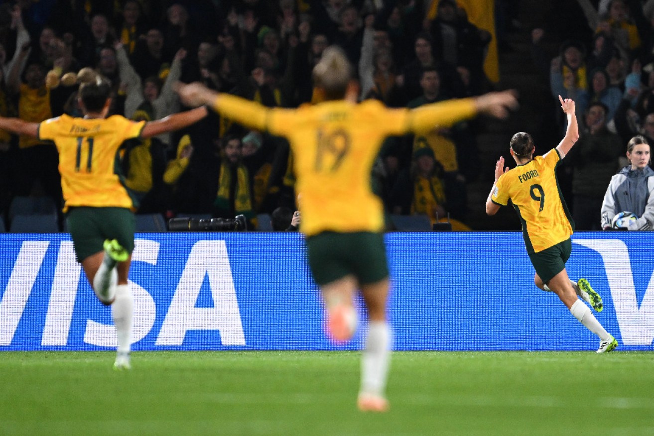 The Matildas celebrate a goal against Denmark at the 2023 World Cup. Photo: AAP/Dean Lewins