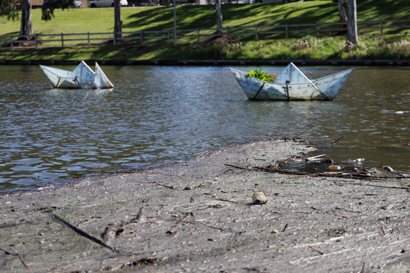 Beautiful and meaningful sculptures have fallen into disrepair in the Torrens at Elder Park. Photo: Tony Lewis/InDaily