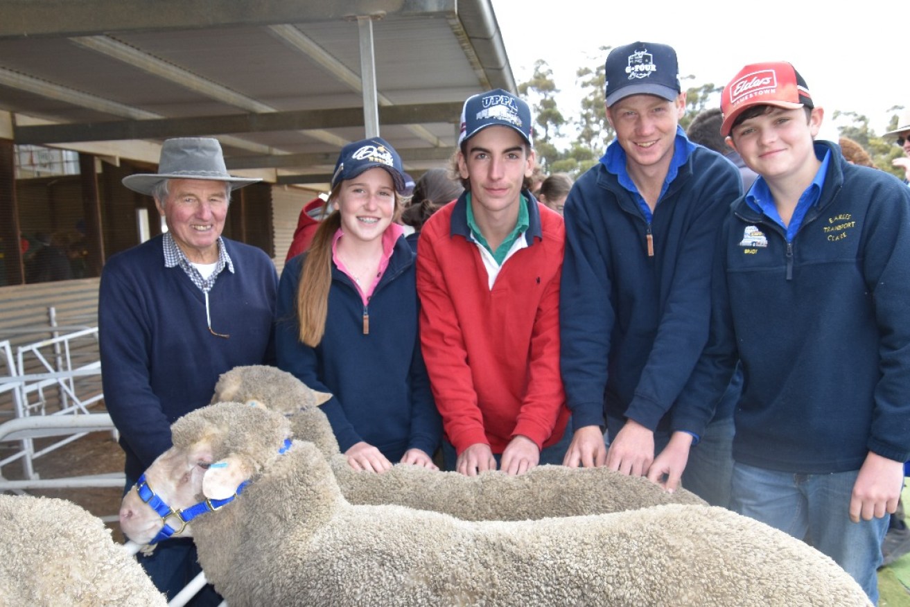 Local farmer John Staker with Clare High School participants Alice McMurray, Oliver Jones, Mitch Brereton and Brady Gray. Photo by Gabrielle Hall.