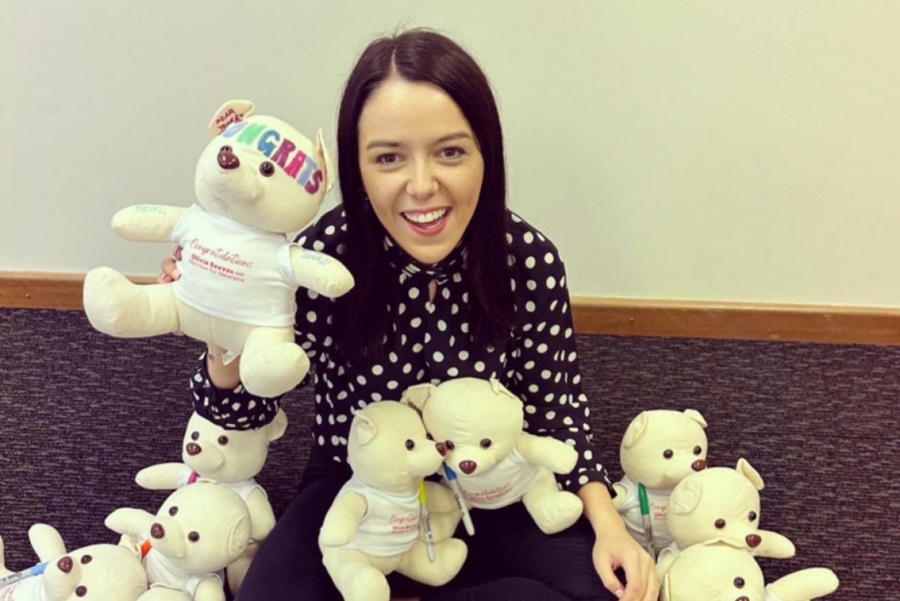 MP Olivia Savvas with the teddy bears she bought as congratulation gifts for local primary school students. Photo: Instagram