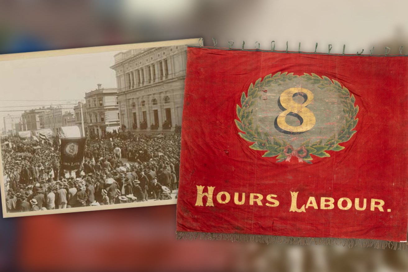 An 8 hours banner in a rally circa 1895. Photo John Gazard, courtesy State Library of South Australia. On right is an 1870s banner, courtesy History Trust of South Australia, photographer Brad Griffin.