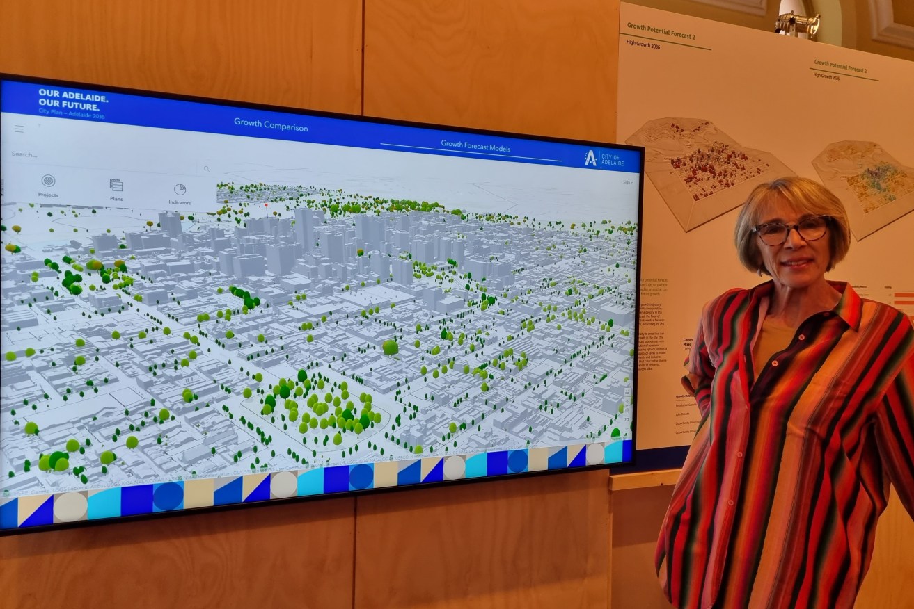 Lord Mayor Jane Lomax-Smith next to a tree canopy map in the council's City Plan Studio. Photo: Thomas Kelsall/InDaily