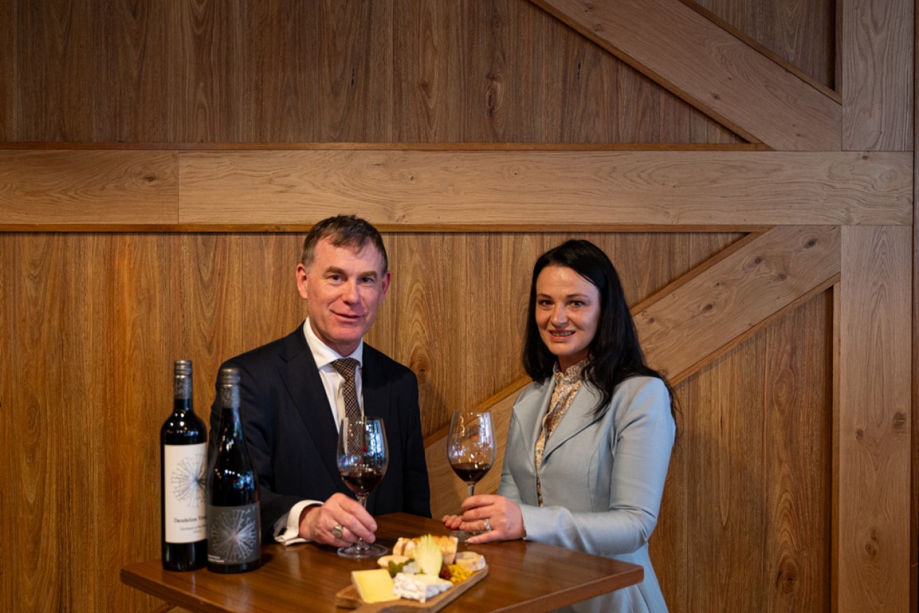 SA Trade Minister Nick Champion with Dandelion Vineyards head winemaker Elena Brooks. Photo: Liam Jenkins/InDaily.